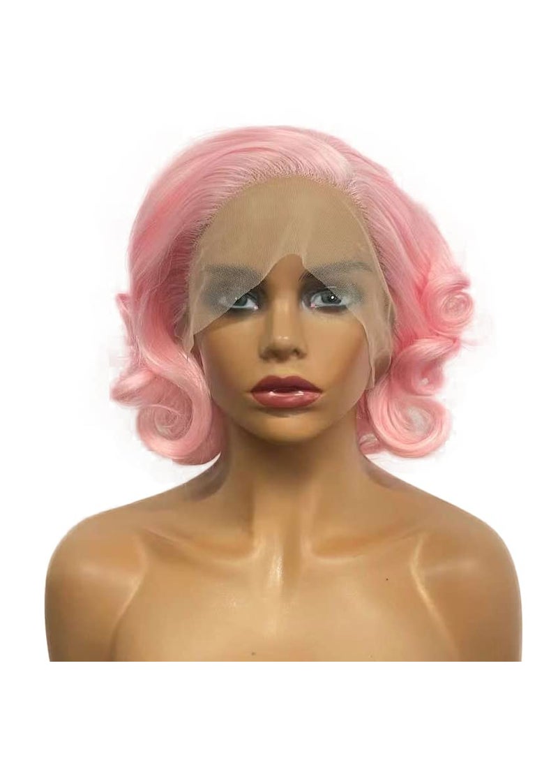 Wiginway Wiginway Short Synthetic Wavy Lace Front Wig, 13x3 Lace Frontal Wigs for Women, Cosplay Party Wig, Shoulder Length 10 Inch, Light pink 
