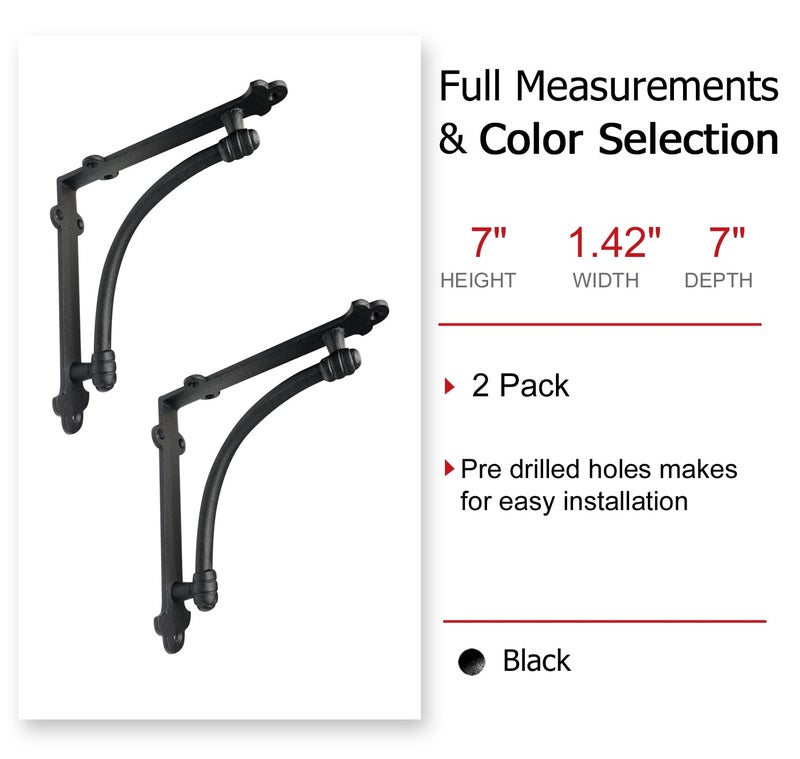 NACH Decorative Shelf Brackets, 2 Pack of 7 x 1.5 x 7 inch Black Cast Iron Shelf Brackets - Decorative Brackets for Mounting - Half Round Style Brackets - Image 4