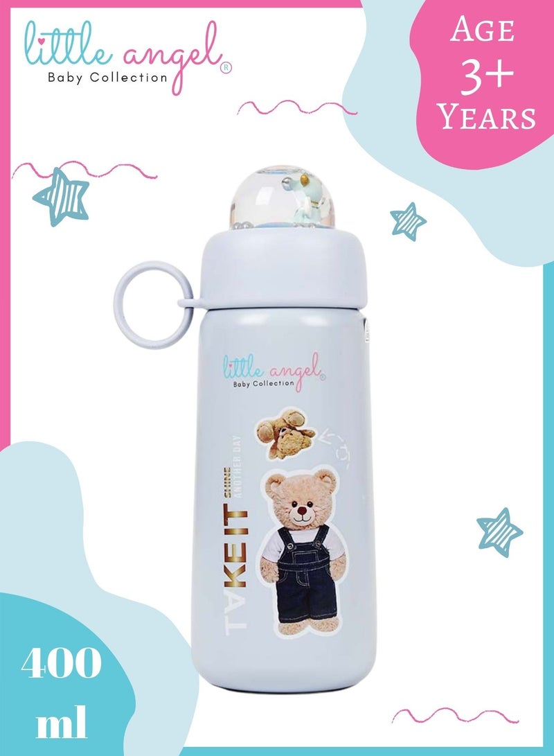 Little Angel Kids Water Bottle Stainless Steel, High Quality 400ml - Leak-Proof with Screw-Top Lid, Portable and Durable Design for School, Sports, Indoor & Outdoor - Cute Bear Design - Blue - Image 1