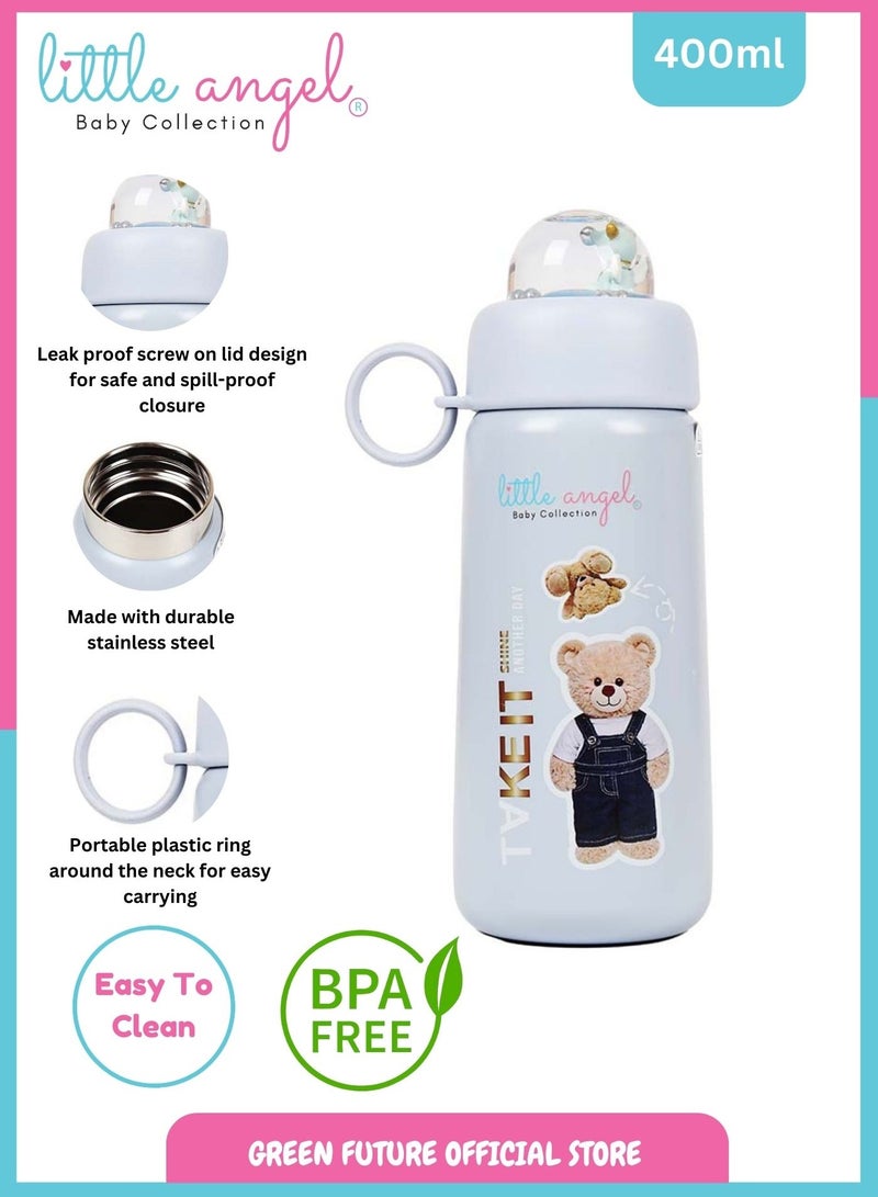 Little Angel Kids Water Bottle Stainless Steel, High Quality 400ml - Leak-Proof with Screw-Top Lid, Portable and Durable Design for School, Sports, Indoor & Outdoor - Cute Bear Design - Blue - Image 2