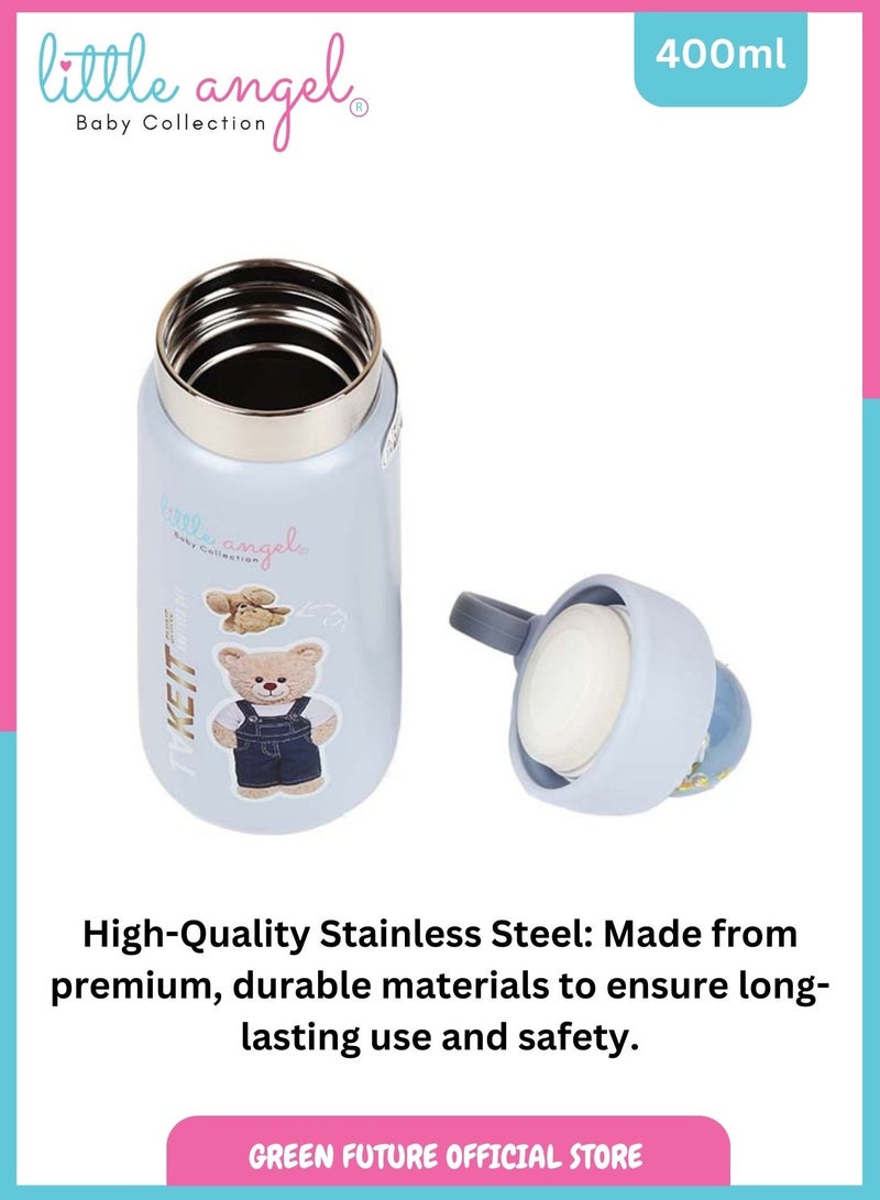 Little Angel Kids Water Bottle Stainless Steel, High Quality 400ml - Leak-Proof with Screw-Top Lid, Portable and Durable Design for School, Sports, Indoor & Outdoor - Cute Bear Design - Blue - Image 3
