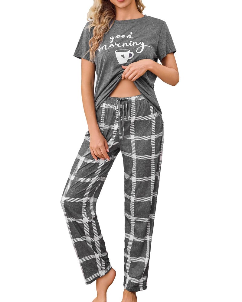 difficort Women's Pajama Sets Print Short Sleeve Top and Long Pants Sleep Set with Pockets, Grey, Large - Image 1