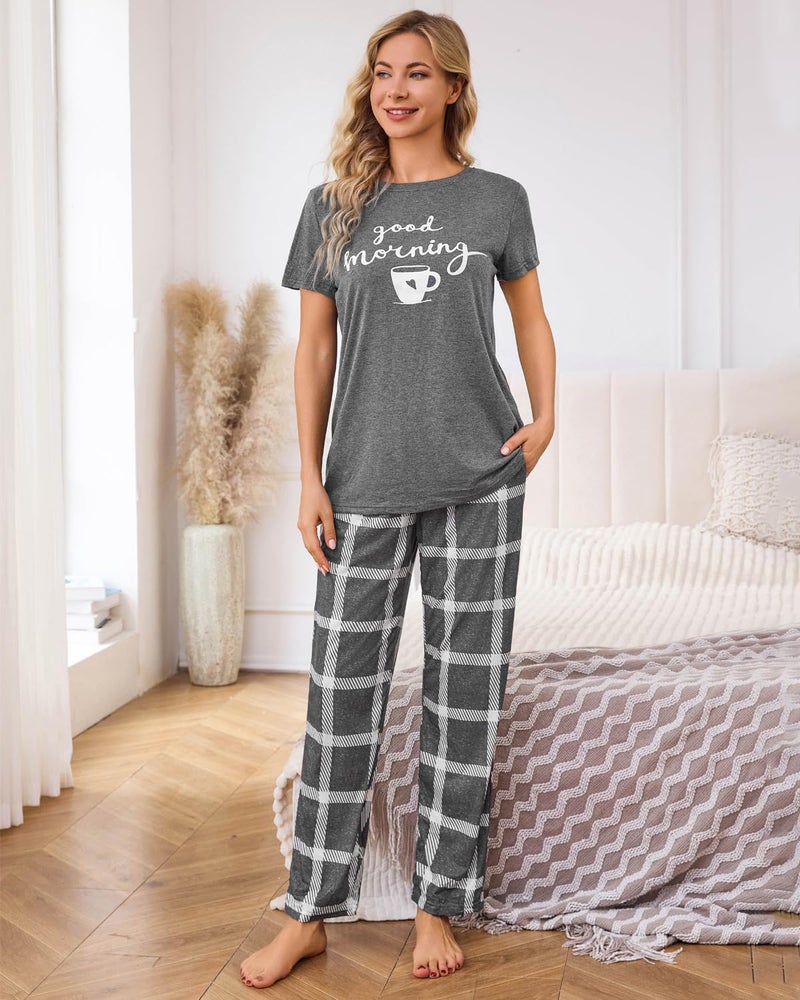 difficort Women's Pajama Sets Print Short Sleeve Top and Long Pants Sleep Set with Pockets, Grey, Large - Image 3