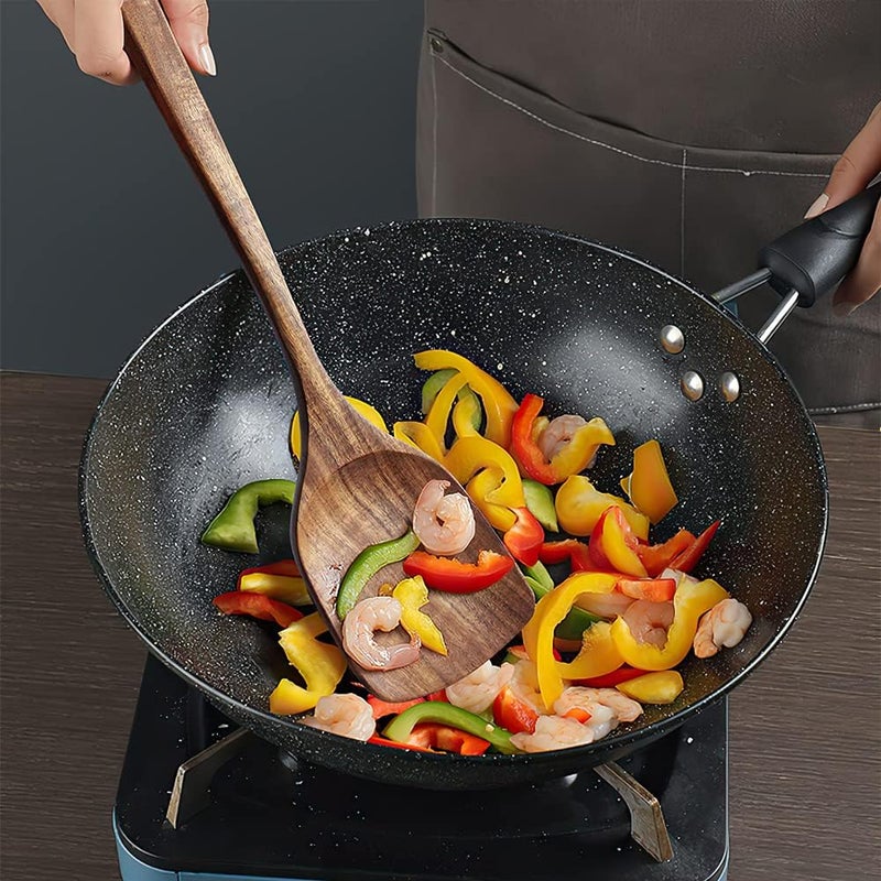 AYFDISHS ملاعق خشبية للطهي، مجموعة أدوات المطبخ من خشب الأكاسيا الطبيعي ، مجداف الأرز الخشبي، ملعقة ووك خشبية 15.3 بوصة وملاعق أرز 11 بوصة لأواني الطهي غير اللاصقة، مجموعة من 2 - Image 2
