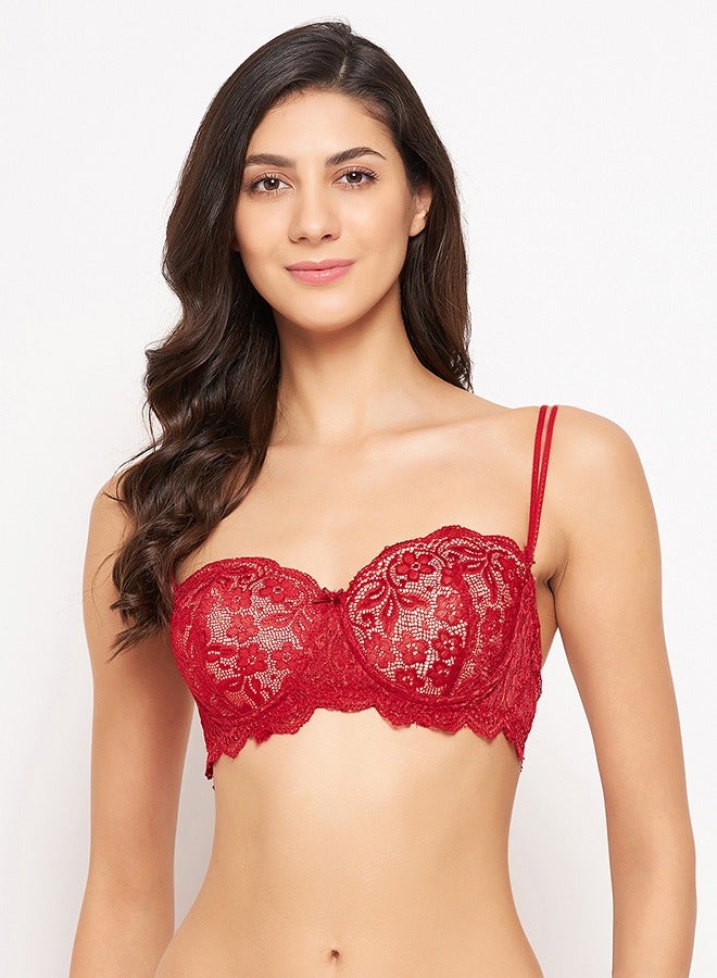 Clovia Padded Underwired Full Cup Strapless Balconette Bra in Maroon - Lace - Image 3