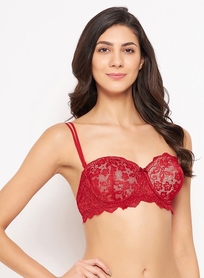 Clovia Padded Underwired Full Cup Strapless Balconette Bra in Maroon - Lace - Image 5