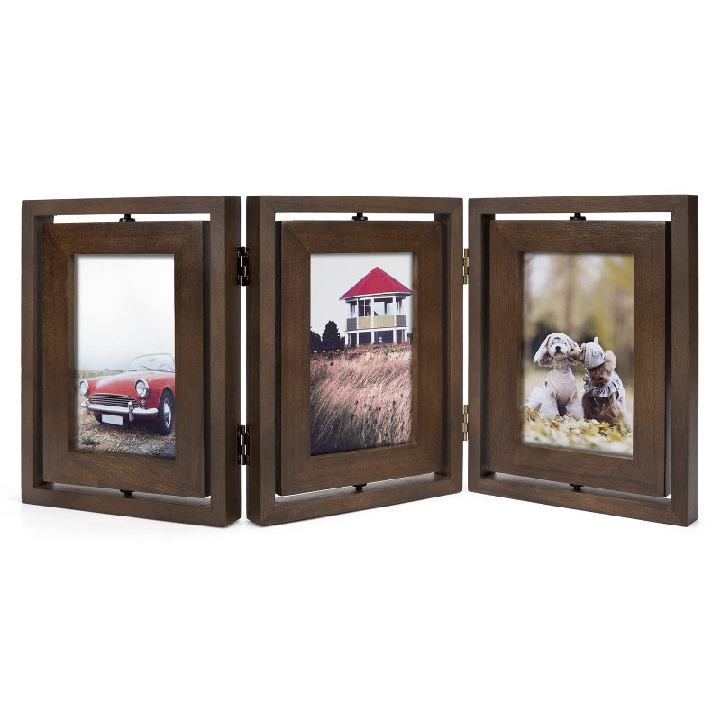 Emfogo 4x6 Picture Frame Rustic Wood Hinged Folding Triple Picture Frames Collage DoubleSided Display Rotatable High Definition Glass Photo Frame for Home TableTopWalnut