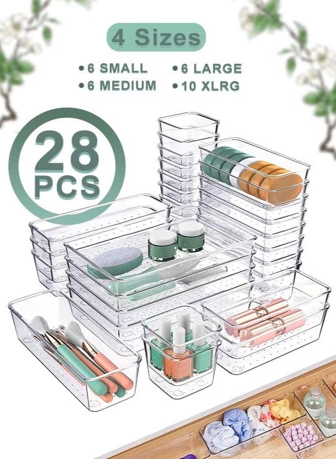 VIVP 28 PCS Clear Plastic Drawer Organizer Set – 4 Sizes Desk Dividers with 120 Anti-Slip Adhesive Pads, Perfect As Makeup Organizer, Jewelry Organizer, Gadgets in Kitchen, Bedroom Drawer Organizer, Bathroom, and Office - Image 1