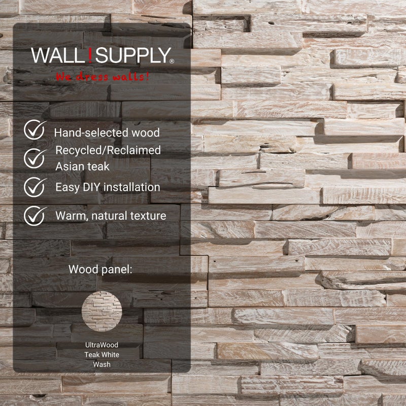 Wall!Supply 3D Wall Panels â€“ Reclaimed Whitewash Asian Teak Wood â€“ Home Decor Wallpaper Alternative for Living Room, Bedroom & Office â€“ Easy DIY Installation â€“ 10 Pack, Covers 9.6 Sq Ft - Image 4