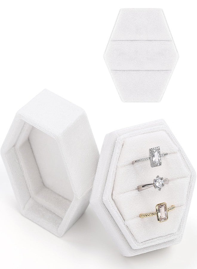 WantGor Velvet Ring Box, 2-in-1 Jewelry Gift Box 3 Slots Hexagon Ring Storage Box or Double Ring Box Vintage Ring Display Holder Case for Wedding Ceremony Proposal Engagement (White) - Image 1