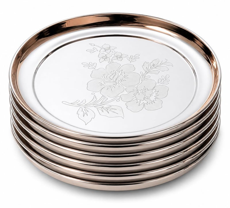 KC Stainless Steel Laser Design Dinner Plate Set of 6 (Full Size Plate Diamm. 29.5 CM with Floral Design) - Image 1