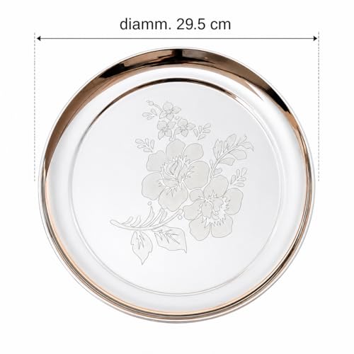 KC Stainless Steel Laser Design Dinner Plate Set of 6 (Full Size Plate Diamm. 29.5 CM with Floral Design) - Image 2