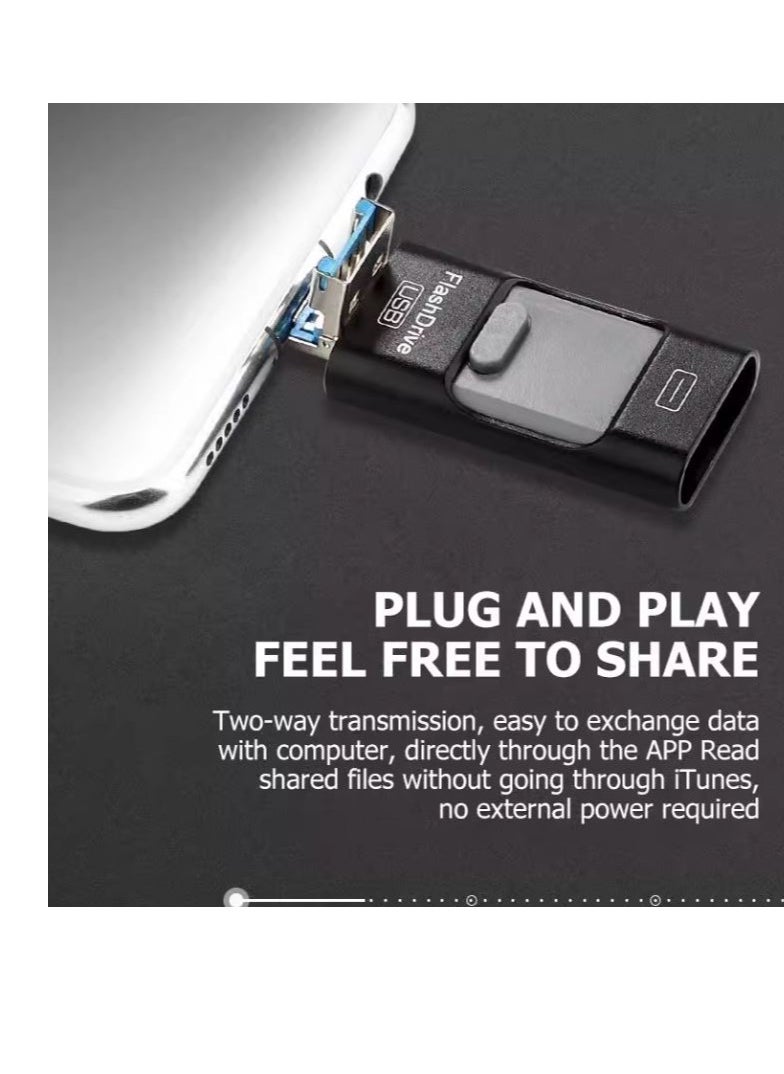i-Flash - 3 in 1 Usb Flash Drive Expand Memory Stick Otg Pendrive for iphone iPad Android PC 128GB - Black - Image 1