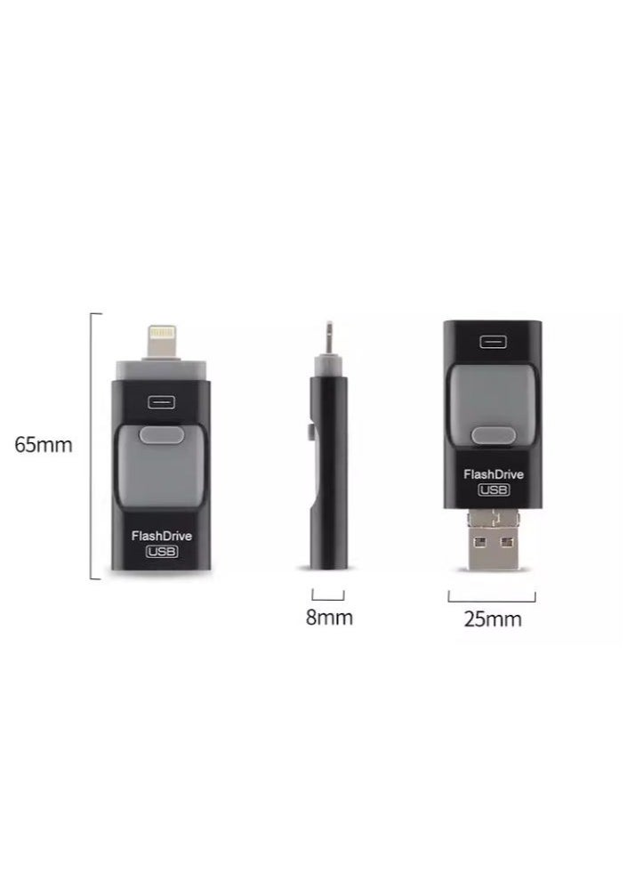 i-Flash - 3 in 1 Usb Flash Drive Expand Memory Stick Otg Pendrive for iphone iPad Android PC 128GB - Black - Image 1