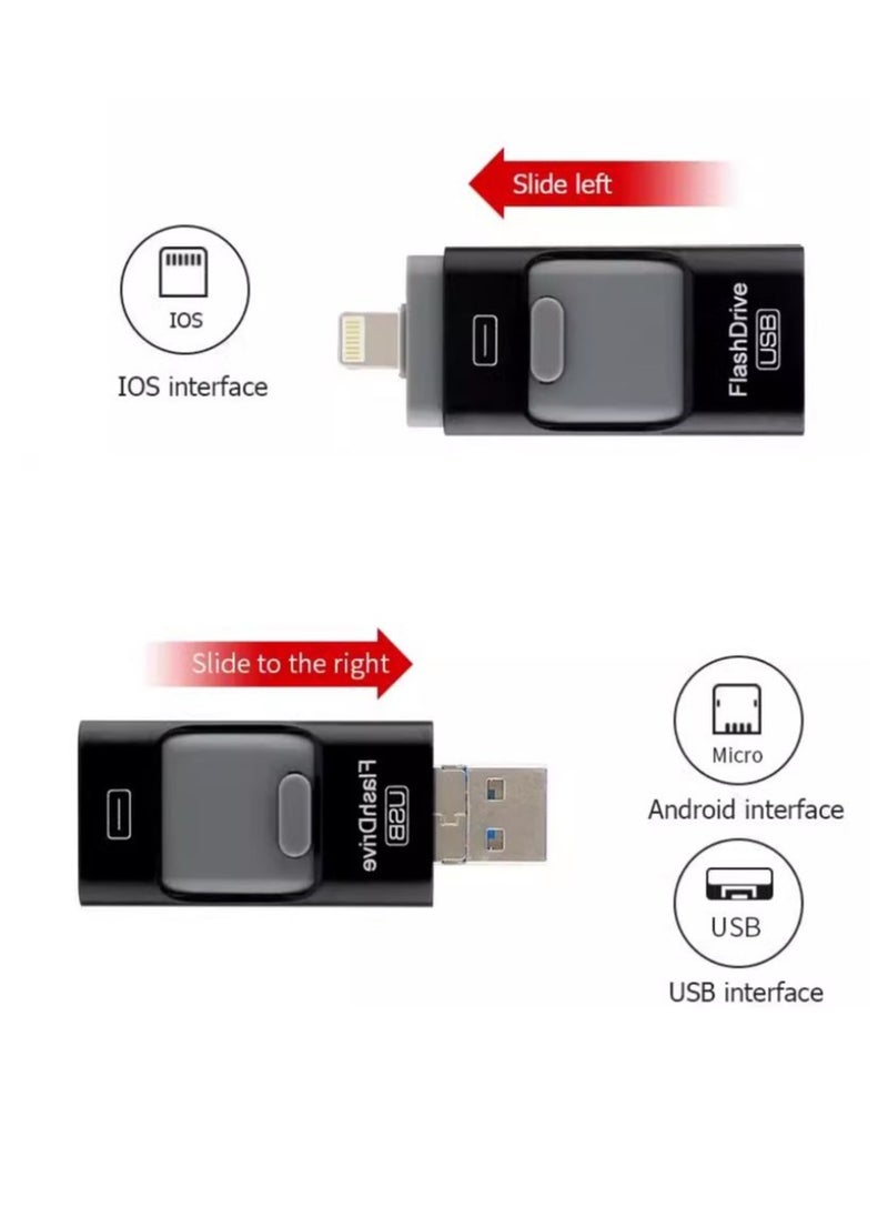 i-Flash - 3 in 1 Usb Flash Drive Expand Memory Stick Otg Pendrive for iphone iPad Android PC 128GB - Black - Image 1