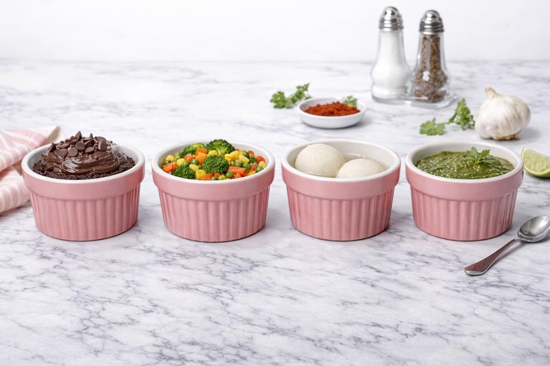Mirakii Pink Ceramic Ramekin Bowl 100 ml Set of 6, Microwave & Dishwasher Safe for Serving Desserts or Snacks, Sauce, Chutney and Baking Cup Cake Souffle Creme Brulee - Image 2