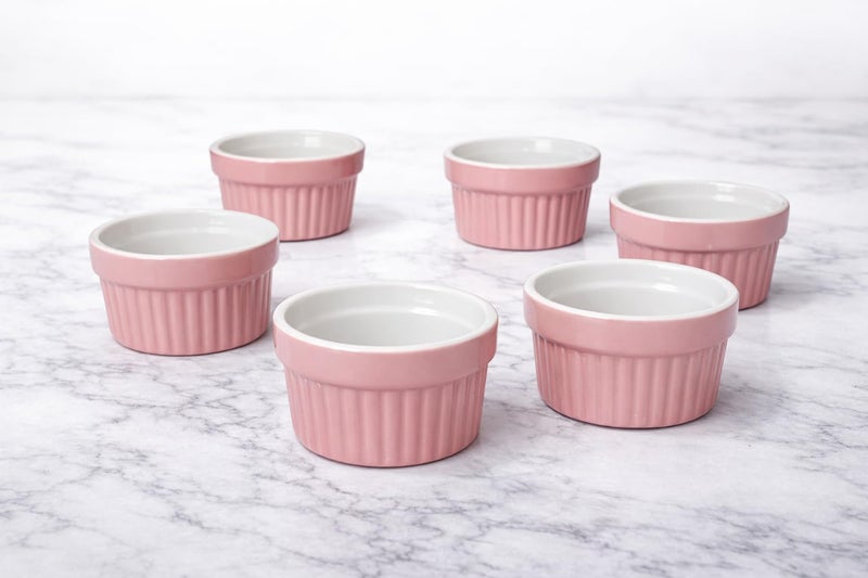 Mirakii Pink Ceramic Ramekin Bowl 100 ml Set of 6, Microwave & Dishwasher Safe for Serving Desserts or Snacks, Sauce, Chutney and Baking Cup Cake Souffle Creme Brulee - Image 1