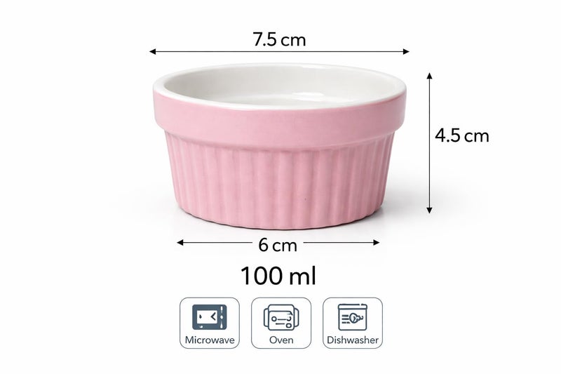 Mirakii Pink Ceramic Ramekin Bowl 100 ml Set of 6, Microwave & Dishwasher Safe for Serving Desserts or Snacks, Sauce, Chutney and Baking Cup Cake Souffle Creme Brulee - Image 3