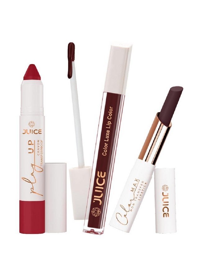 Juice Long Lasting, 3pc Lipstick Combo Set For Women(Red-y Set Go-MCR08 Lip Crayon, Maroon Bliss-M08 Liquid Lipstick, Mulled Wine-M08 Slim Stick) - Image 1