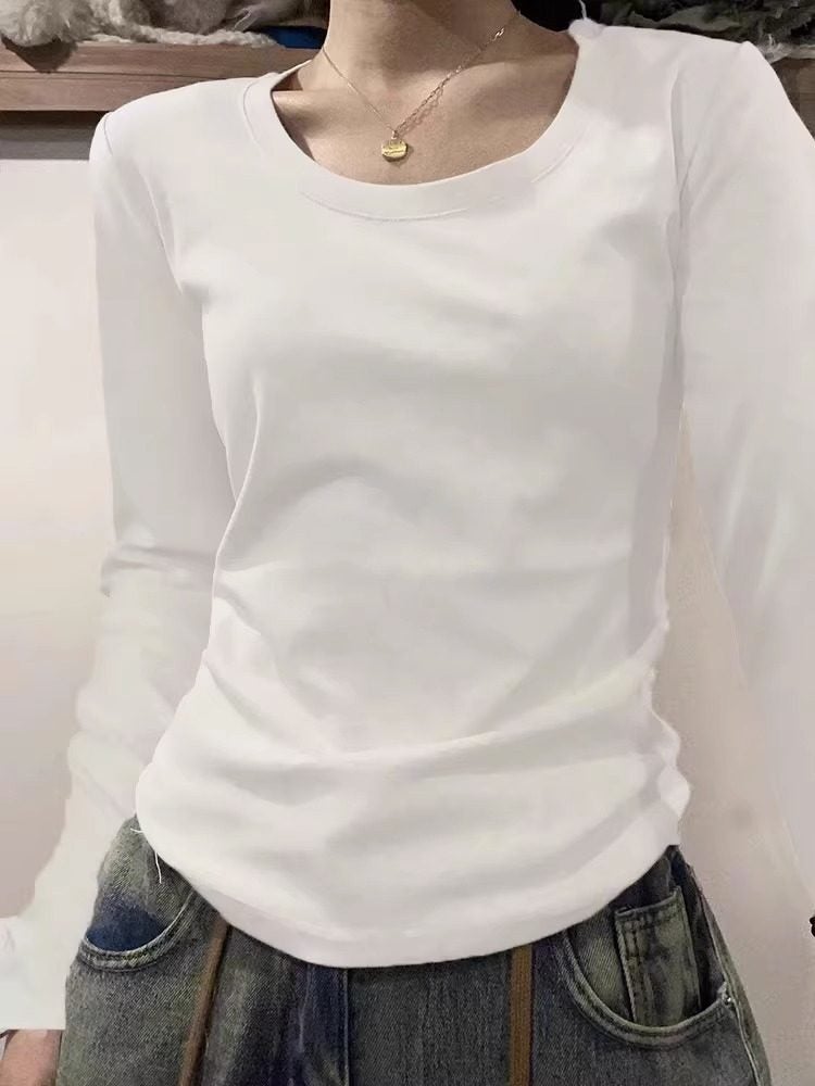 High-end gray shoulder U-neck long-sleeved t-shirt for women's autumn new solid color slim-fit low-neck inner layer top pure cotton - Image 3