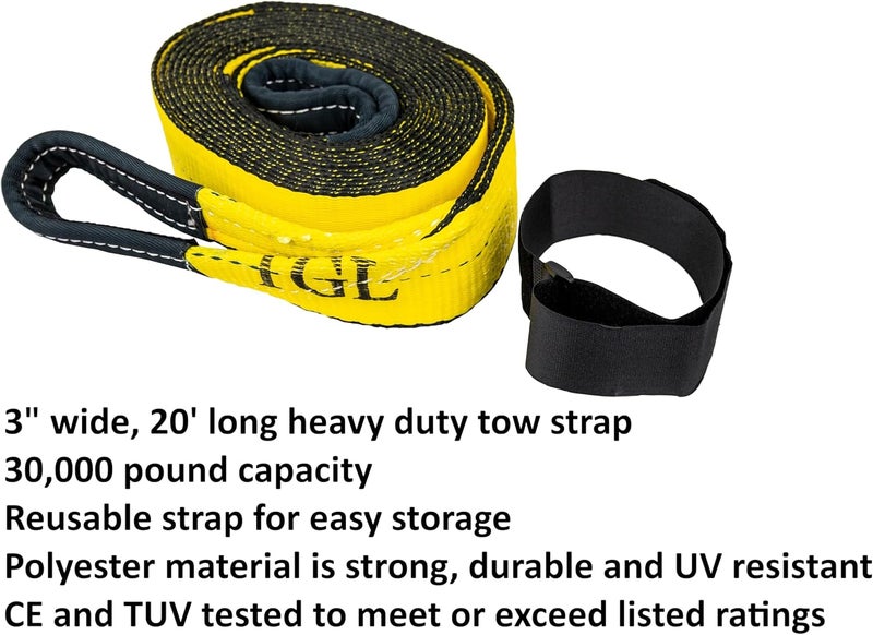 TGL Heavy Duty Tow Strap with Loops, 3" x 20', 30,000 lb Break Strength, Reinforced Loops - Emergency Strap for Truck, UTV, ATV - Compatible with Jeep Accessories, Ford, Toyota. - Image 3