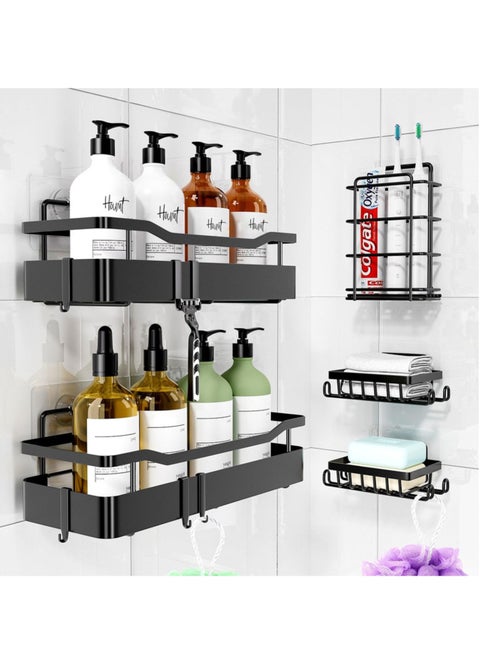 5 عبوات من حامل الدش اللاصق لرف الدش، أرفف منظمة بدون حفر، منظم دش من الفولاذ المقاوم للصدأ المقاوم للصدأ للحمام وتخزين المطبخ مع 4 خطافات