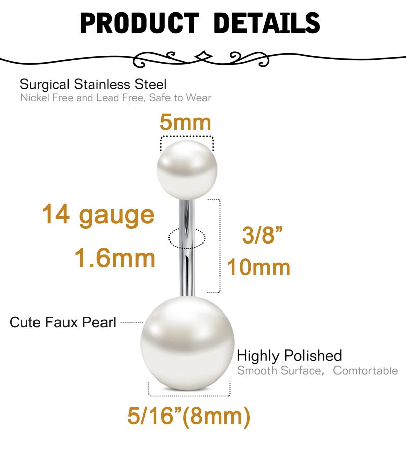 MODRSA Belly Button Ring Belly Rings for Women Surgical Steel Belly Button Rings Pearl Belly Piercing Jewelry 10mm Silver Pink Blue - Image 4