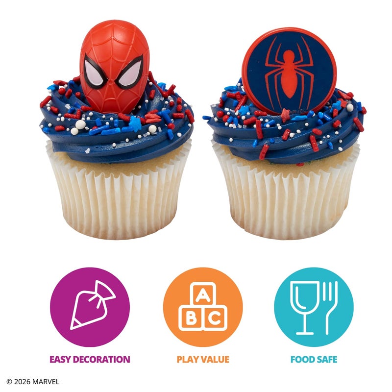 DecoPac Marvel's Spider-Manâ„¢ Spider and Mask Rings, Spider-Man Cupcake Decorations, Red and Blue Food Safe Cake Toppers â€“ 24 Pack - Image 4