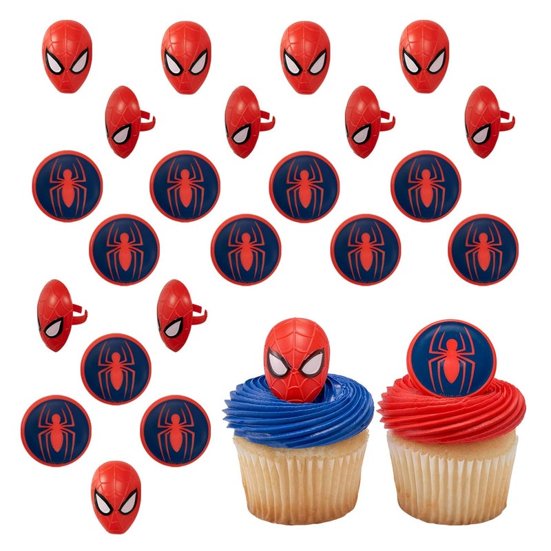 DecoPac Marvel's Spider-Manâ„¢ Spider and Mask Rings, Spider-Man Cupcake Decorations, Red and Blue Food Safe Cake Toppers â€“ 24 Pack - Image 1
