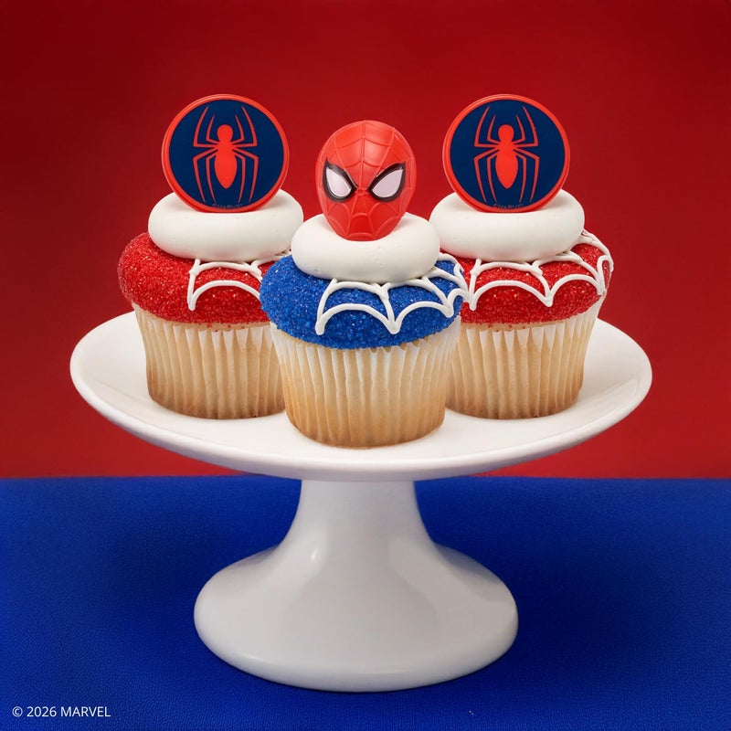 DecoPac Marvel's Spider-Manâ„¢ Spider and Mask Rings, Spider-Man Cupcake Decorations, Red and Blue Food Safe Cake Toppers â€“ 24 Pack - Image 2