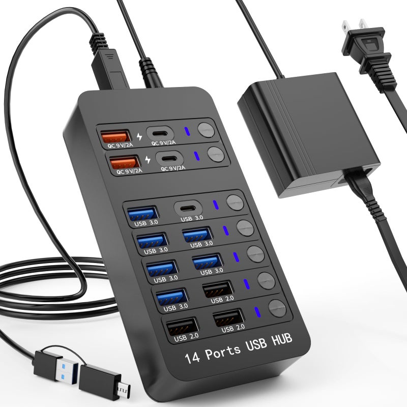 Zeroffi Powered USB Hub, 14 Ports USB Splitter Hub (10 Faster Data Transfer Ports+ 4 Smart USB Charging Port) USB Hub with LED Individual On/Off Switches for PC, Laptop, Desktop - Image 1