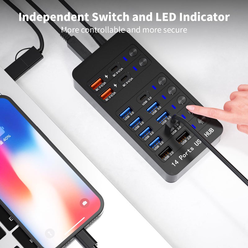 Zeroffi Powered USB Hub, 14 Ports USB Splitter Hub (10 Faster Data Transfer Ports+ 4 Smart USB Charging Port) USB Hub with LED Individual On/Off Switches for PC, Laptop, Desktop - Image 4