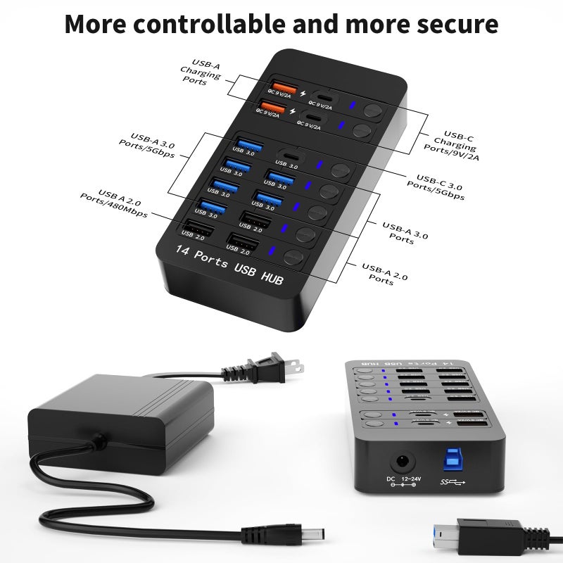 Zeroffi Powered USB Hub, 14 Ports USB Splitter Hub (10 Faster Data Transfer Ports+ 4 Smart USB Charging Port) USB Hub with LED Individual On/Off Switches for PC, Laptop, Desktop - Image 2