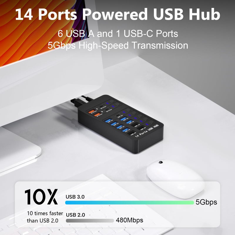 Zeroffi Powered USB Hub, 14 Ports USB Splitter Hub (10 Faster Data Transfer Ports+ 4 Smart USB Charging Port) USB Hub with LED Individual On/Off Switches for PC, Laptop, Desktop - Image 5