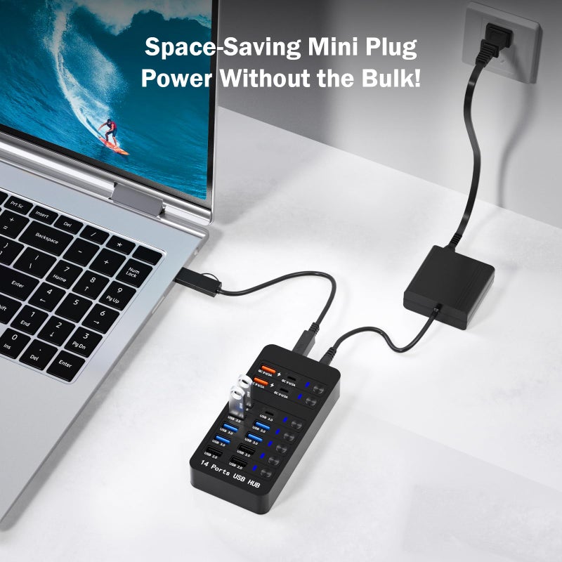 Zeroffi Powered USB Hub, 14 Ports USB Splitter Hub (10 Faster Data Transfer Ports+ 4 Smart USB Charging Port) USB Hub with LED Individual On/Off Switches for PC, Laptop, Desktop - Image 3