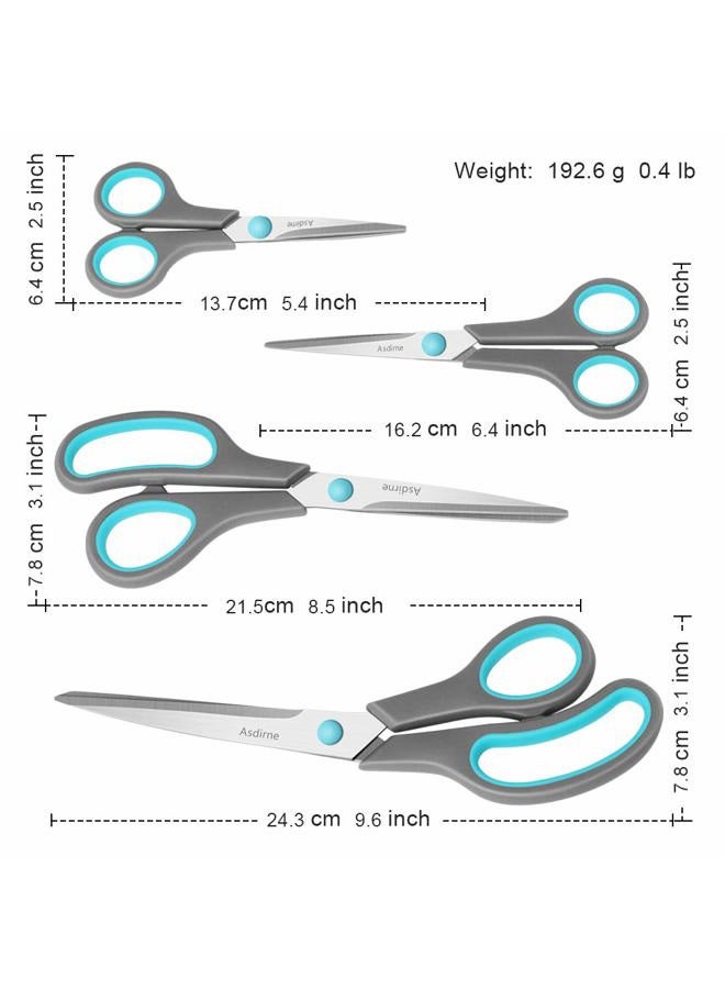 Asdirne Scissors Set of 4, Premium Stainless Steel Razor Blades, Ergonomic Semi-Soft Rubber Grip, Suitable for School, Office and Family Daily Use, 9.6''/8.5''/6.4"/5.4", Blue&Gray - Image 3