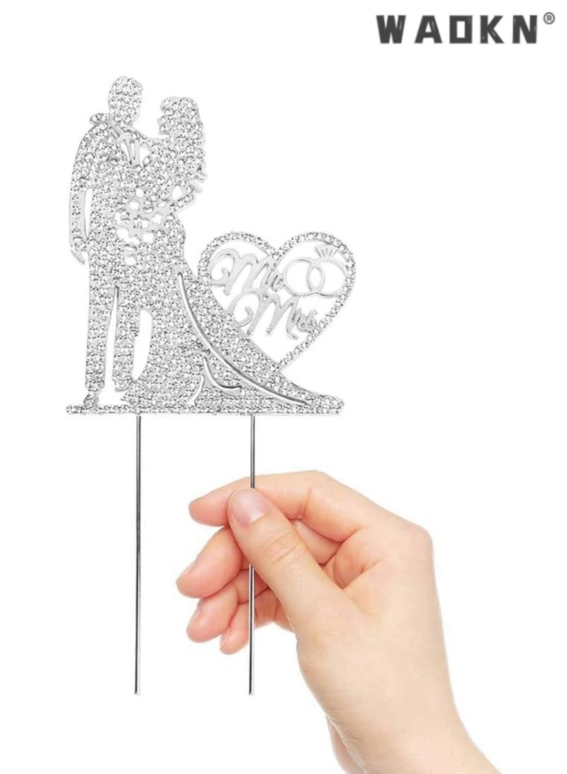 WAOKN Mr and Mrs Cake Topper, Exquisite Silver Love Wedding Cake Decoration, Ideal for Bride and Groom, Adds Sparkling Touch to Your Special Day Celebration, Timeless Keepsake, Memorable Accessory - Image 1