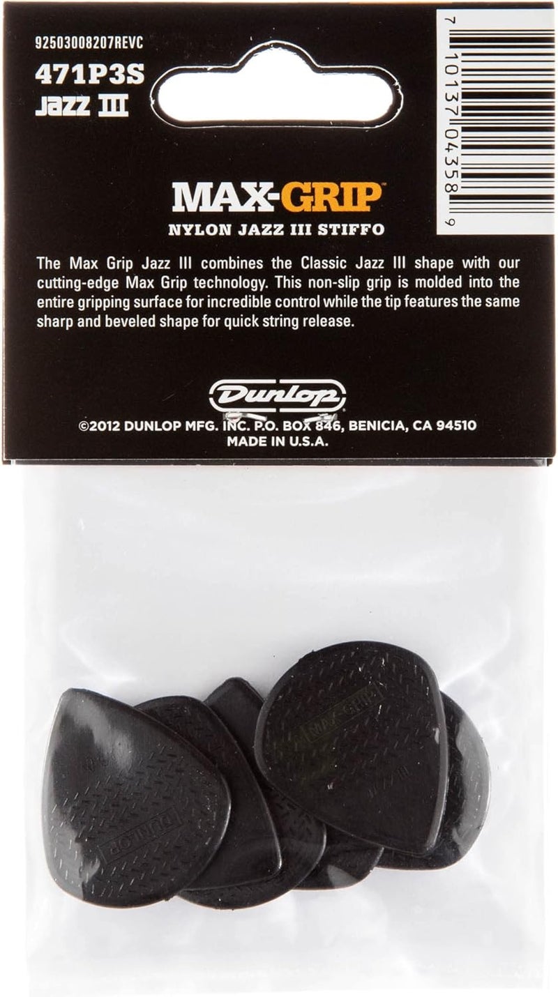Jim Dunlop Max-Grip® Jazz III Guitar Picks - Black 'Stiffo', 6-Pack - Image 5
