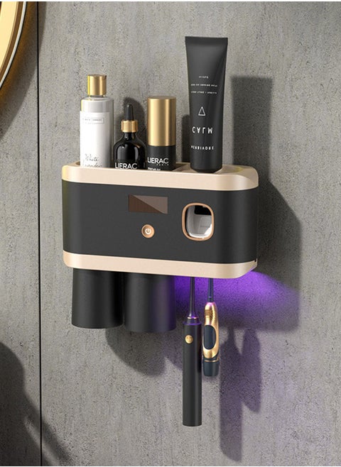 UV Toothbrush Sanitizer Holders for Bathrooms with Toothpaste Dispenser Squeezer Wall Mounted,USB Rechargeable Organizer with UVC LED Light Cleaner
