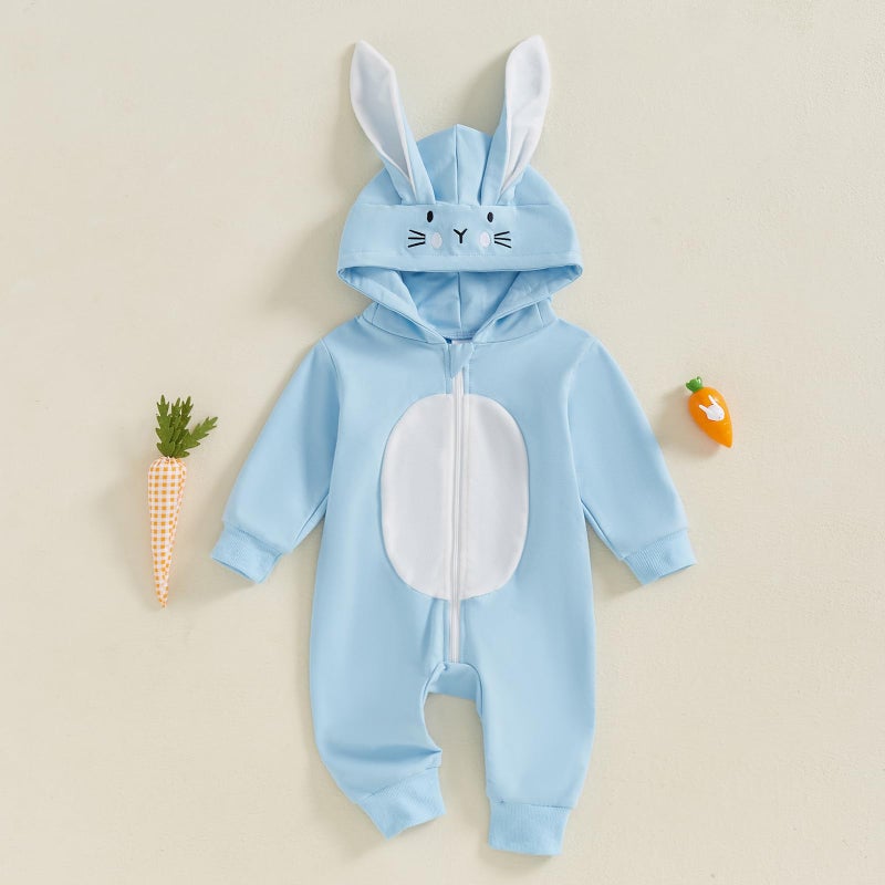 Socutebabe My First Easter Baby Girl Boy Outfit Baby Bunny Romper Long Ear Rabbit Hoodie Romper Jumpsuit Cute Spring Clothes (Sky Blue, 12-18 Months) - Image 2