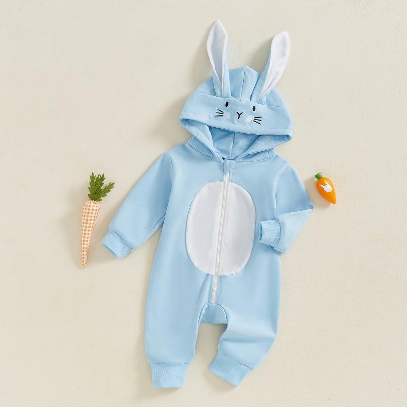 Socutebabe My First Easter Baby Girl Boy Outfit Baby Bunny Romper Long Ear Rabbit Hoodie Romper Jumpsuit Cute Spring Clothes (Sky Blue, 12-18 Months) - Image 3