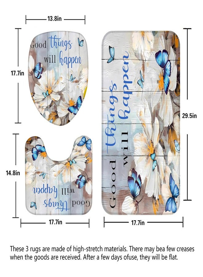 Pretyw 4 Pcs Romantic Blue Butterfly Shower Curtain Set White Flowers Bathroom Sets Modern Home Bathroom Decor with Rugs and Toilet Lid Cover - Image 4