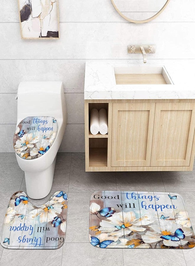 Pretyw 4 Pcs Romantic Blue Butterfly Shower Curtain Set White Flowers Bathroom Sets Modern Home Bathroom Decor with Rugs and Toilet Lid Cover - Image 3
