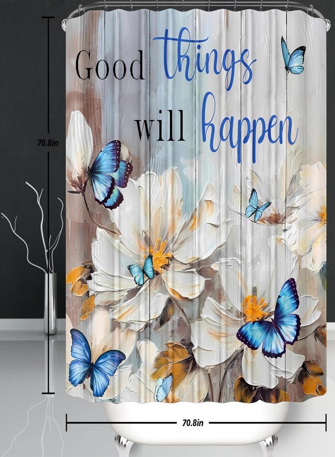 Pretyw 4 Pcs Romantic Blue Butterfly Shower Curtain Set White Flowers Bathroom Sets Modern Home Bathroom Decor with Rugs and Toilet Lid Cover - Image 2