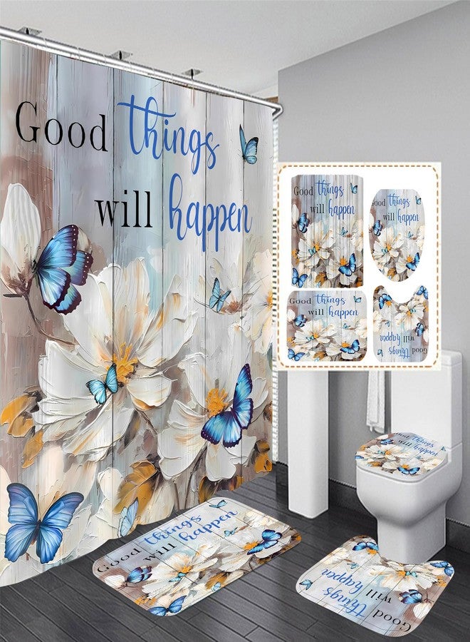 Pretyw 4 Pcs Romantic Blue Butterfly Shower Curtain Set White Flowers Bathroom Sets Modern Home Bathroom Decor with Rugs and Toilet Lid Cover - Image 1