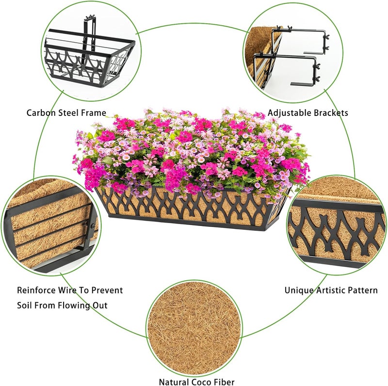 Karlliu 6 Pack 24 Inch Window Boxes Planters Railing Planter Box with Adjustable Brackets for Porch Fence Patio Balcony Hanging Flower Baskets with Coco Liners for Outdoor Garden Decor - Black - Image 3