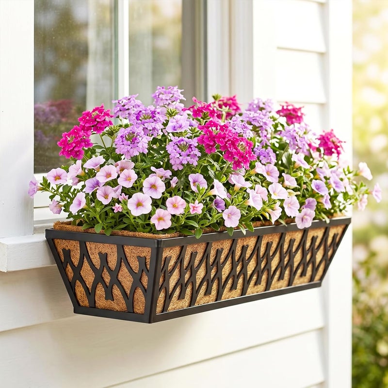 Karlliu 6 Pack 24 Inch Window Boxes Planters Railing Planter Box with Adjustable Brackets for Porch Fence Patio Balcony Hanging Flower Baskets with Coco Liners for Outdoor Garden Decor - Black - Image 4