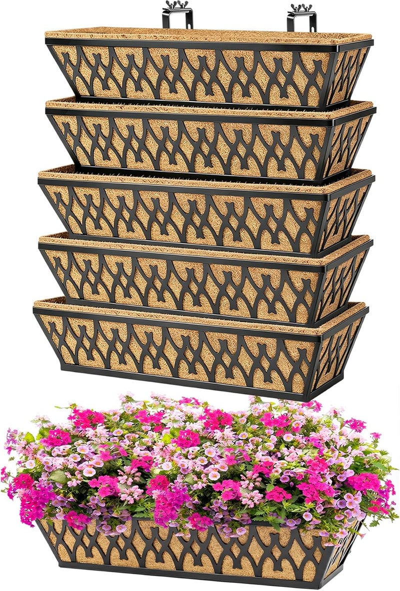 Karlliu 6 Pack 24 Inch Window Boxes Planters Railing Planter Box with Adjustable Brackets for Porch Fence Patio Balcony Hanging Flower Baskets with Coco Liners for Outdoor Garden Decor - Black - Image 1