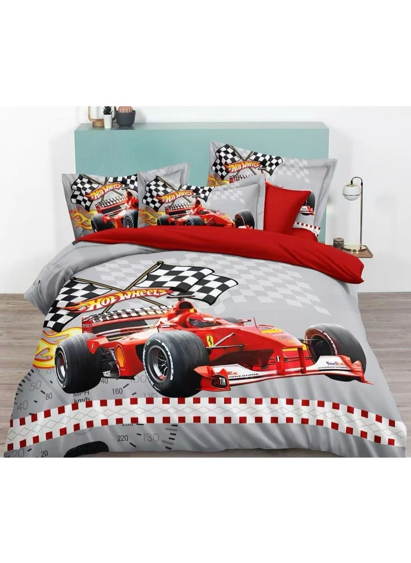 llwoo Racing Car Bedding Set – 4-Piece Kids’ Set with Duvet Cover, Fitted Sheet & Pillowcases, Bright & Colorful Design for Boys’ Room 