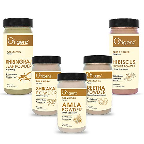 Origenz Hair Care 5 Powders Combo 500gm - Amla Reetha Shikakai Bhringraj Hibiscus Powder Pack for Wash, Healthy Scalp, Nourishment, Mask, Helps to Control Dandruff, Hairfall | Natural Cleanser | In Jar (100 gm X 5) - Image 1